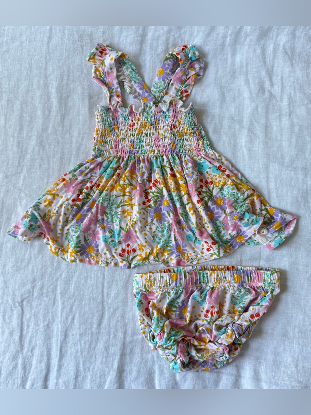 Angel Dear Bamboo Ruffle Strap Smocked Top/Diaper Cover Amelia Floral 18/24